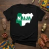 Black t-shirt with "NAIJA" text overlaid on a map of Nigeria split into green and white sections, representing the Nigerian