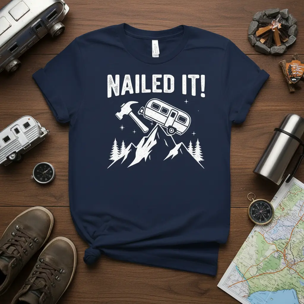 Nailed It! camping quote with hammer and camper graphic on navy t-shirt