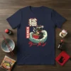 Namen Ramen Cat Japanese T-Shirt featuring a black cat eating ramen with Japanese text and wave graphics