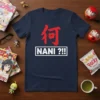 Navy blue t-shirt with bold red Japanese Kanji symbol above "NANI ?!!" text in a white box