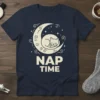 Nap Time T-Shirt with a cute cat sleeping on a crescent moon and stars graphic
