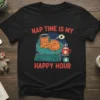 Nap Time Is My Happy Hour text with a sleeping cat wearing headphones on a computer setup graphic on a
