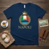 Napoli T-Shirt with Italian flag emblem, crown, and mountain graphic. Features the word NAPOLI in gold text