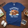 Napping for Two t-shirt featuring two cute red pandas sleeping on a log, with the text "Napping for two" in