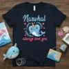 Narwhal Always Love You text with cute heart narwhal graphic on navy t-shirt