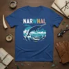 Narwhal t-shirt design featuring the word NARWHAL in colorful block letters above a leaping narwhal graphic in the ocean waves