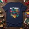 National Hispanic Heritage Month t-shirt with colorful text, guitar, maracas, and floral accents