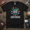 Nations United By Global Friendship t-shirt design with Union Jack and world landmarks graphic