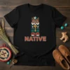 Native American Cat Design T-Shirt with tribal cat graphic and the word "NATIVE" in bold text