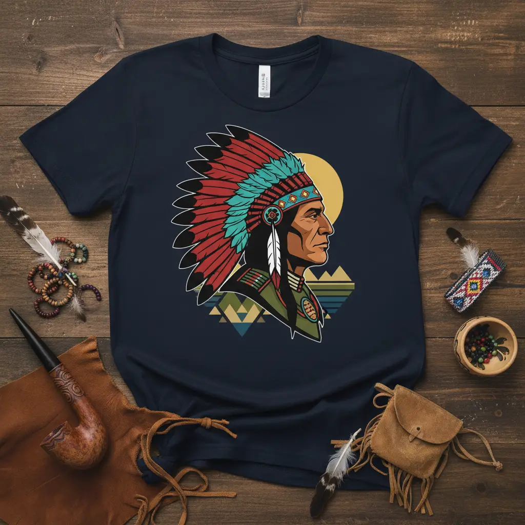 Native American Chief Headdress detailed print printed on comfortable cotton fabric creating a standout t-shirt