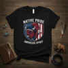 Native Pride American Spirit t-shirt featuring a bison head with American flag shield and patriotic text