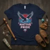 Native Pride t-shirt with an eagle graphic and bold text, featuring red, white, and blue circular design elements