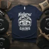 Natural Gains Barbell 45 LB Olycpic text with tree and dumbbell graphic on navy t-shirt