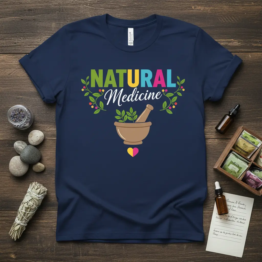 Natural Medicine quote tee with apothecary mortar and pestle graphic and floral design