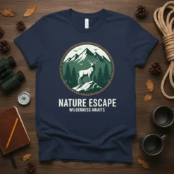 Nature Escape Wilderness Awaits t-shirt featuring a deer on a mountain peak within a circular rope border