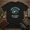 Nature Is My Religion And The Earth Is My Church text on black t-shirt with mountain and starry sky graphic
