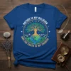 Nature Is My Religion And The Earth Is My Church quote on a blue t-shirt with a tree of life