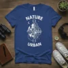 Nature Urban guitar t-shirt design featuring a split graphic of trees and moon contrasted with city skyline and bridge