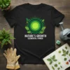 Black t-shirt with "NATURE'S GROWTH ELEMENTAL POWER" text and green concentric circles with leaves graphic