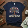 Navy t-shirt with a colorful Tree of Life design and "Nature's Love" text, symbolizing nature appreciation