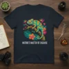 Nature's Master Of Disguise t-shirt featuring a colorful chameleon on a branch with tropical flowers, white text