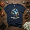Nature's Song Free Spirit t-shirt design with a blue bird surrounded by leaves and text