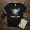 Black t-shirt with "Nature's Song True Freedom" text and a flying bird graphic above a sunburst