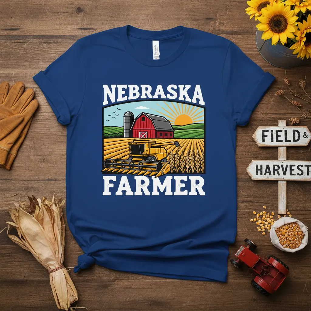 Nebraska Farmer t-shirt design with combine harvester in a cornfield, barn, silo, and sun graphic