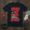 Need 4 Speed t-shirt design with a red race car, checkered flags, and bold red text