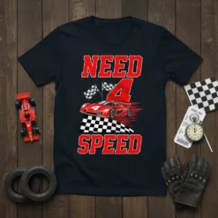 Need 4 Speed t-shirt design with a red race car, checkered flags, and bold red text