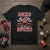 Need 4 Speed t-shirt design with red and white typography, checkered flags, and multiple red race cars