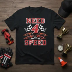 Need 4 Speed t-shirt design with red and white typography, checkered flags, and multiple red race cars