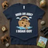 Noah's Ark graphic t-shirt with text "Need An Ark? I Noah Guy" and a cartoon ark with animals