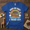 Need An Ark? I'Noah Guy T-Shirt featuring Noah's Ark with animals under a rainbow. Christian humor design