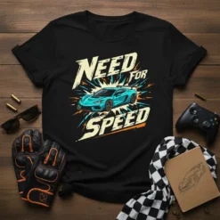Need for Speed T-Shirt with a blue sports car and dynamic text