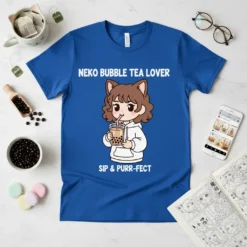 Neko Bubble Tea Lover Sip & Purr-fect design on a royal blue t-shirt featuring a cute anime cat girl drinking