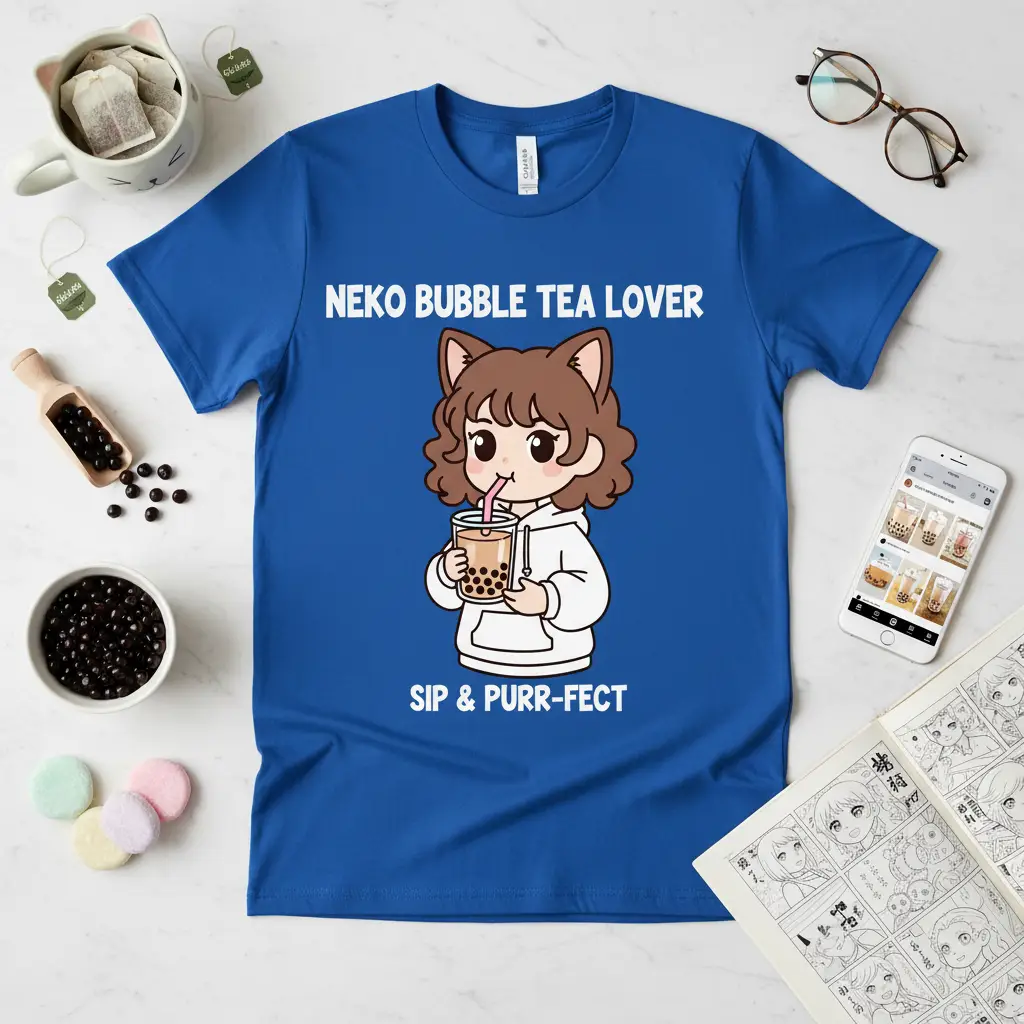 Neko Bubble Tea Lover Sip & Purr-fect quote with anime cat girl illustration on a blue tee