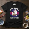 Neko Ramen Slurp Happiness t-shirt design featuring a cute cat eating ramen, white text on black shirt