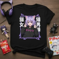 Neko Shoujo Onnanoko Neko Danshi anime t-shirt design featuring a purple-haired cat girl with peace signs and Japanese text