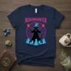 Nekomancer t-shirt design with a black cat wizard casting spells surrounded by blue flames and smaller cats