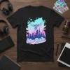 Black t-shirt with "Neo Spirit" text, winged warrior, and cyberpunk city graphic in pastel colors