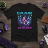 Neon Arcana Magic Meets Circuitry t-shirt featuring a cyberpunk anime girl surrounded by neon lightning bolts and circuit board patterns