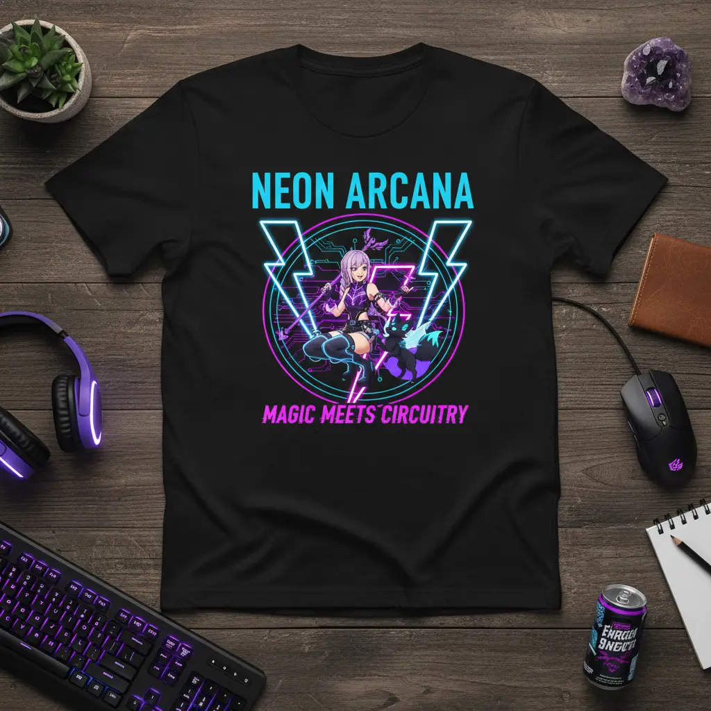 Neon Arcana Magic Meets Circuitry T-Shirt Cyberpunk Anime Design
