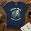 Nerdy Dads Build Character t-shirt featuring a castle, d20 dice, and mountains under a starry sky