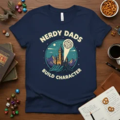 Nerdy Dads Build Character t-shirt featuring a castle, d20 dice, and mountains under a starry sky