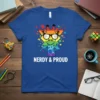 Nerdy & Proud text with a rainbow giraffe wearing glasses on a blue t-shirt, representing LGBTQIA pride