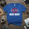 Blue t-shirt with white "Nerv Nicht" text and a red no symbol over a white heartbeat line graphic