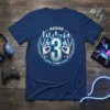Nesha 3 THM gamer t-shirt design featuring the number 3, hands making an 'ok' sign with gems, and a city