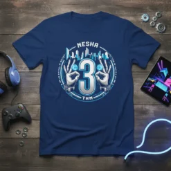 Nesha 3 THM gamer t-shirt design featuring the number 3, hands making an 'ok' sign with gems, and a city