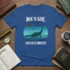 Nessie Loch Ness Monster T-Shirt design with a green plesiosaur, UFO, and fish in a striped circle